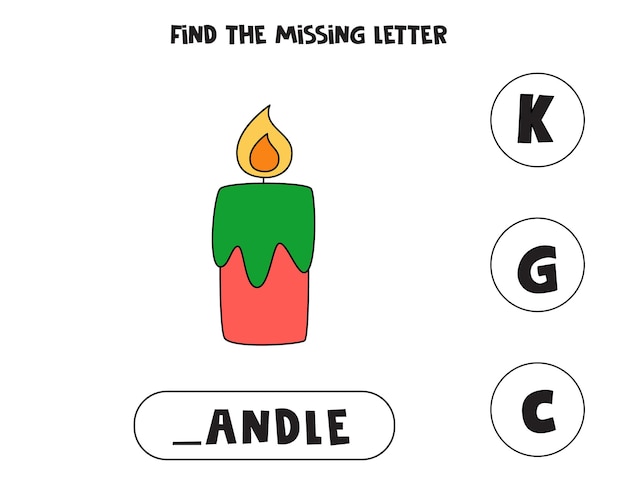 Find missing letter with cartoon candle. Spelling worksheet.