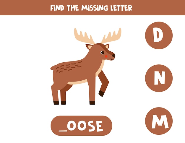 Find missing letter with cartoon moose Spelling worksheet