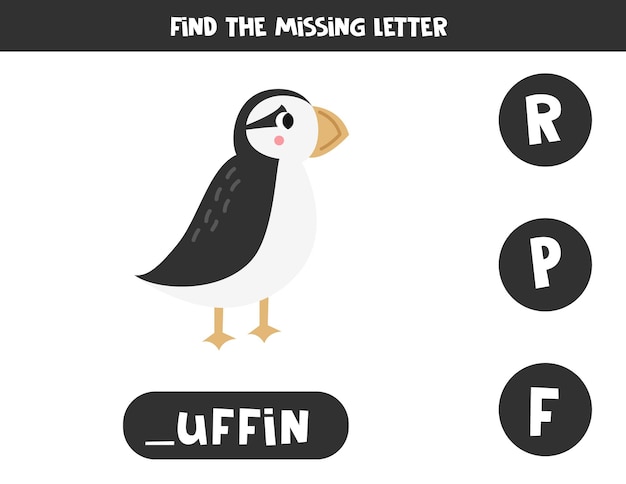 Find missing letter with cartoon puffin Spelling worksheet