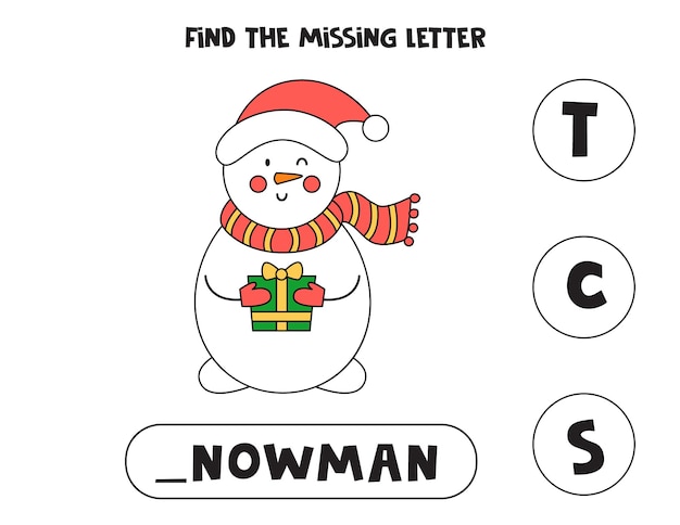 Find missing letter with cartoon snowman. Spelling worksheet.