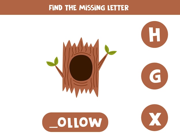 Find missing letter with cartoon tree hollow Spelling worksheet