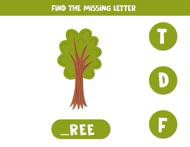 Find missing letter with cartoon tree Spelling worksheet