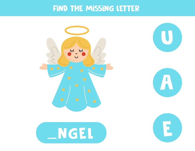 Find missing letter with cute angel Spelling worksheet