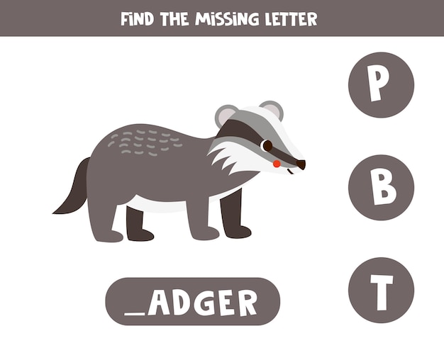 Find missing letter with cute cartoon badger Spelling worksheet