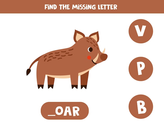 Find missing letter with cute cartoon boar Spelling worksheet