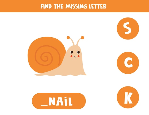 Find missing letter with cute cartoon snail Spelling worksheet