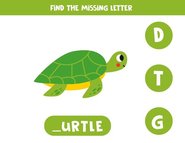 Find missing letter with cute cartoon turtle Spelling worksheet