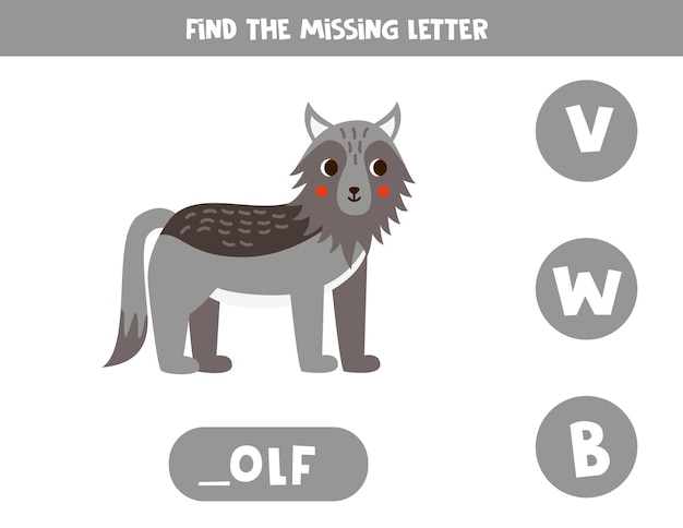 Find missing letter with cute cartoon wolf Spelling worksheet