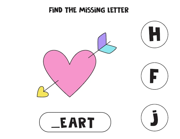 Find missing letter with cute heart. Spelling worksheet.