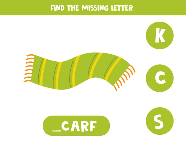 Find missing letter with hand drawn green scarf Spelling worksheet