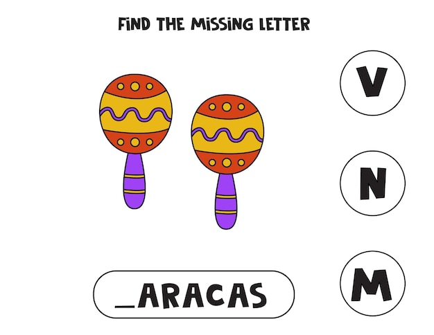 Find missing letter with Mexican maracas Spelling worksheet