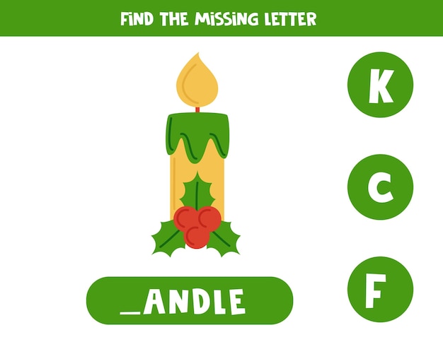 Find missing letter with yellow Christmas candle Spelling worksheet