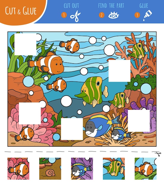 Find the missing pieces jigsaw puzzle game Cut and glue squares Fish and coral reef