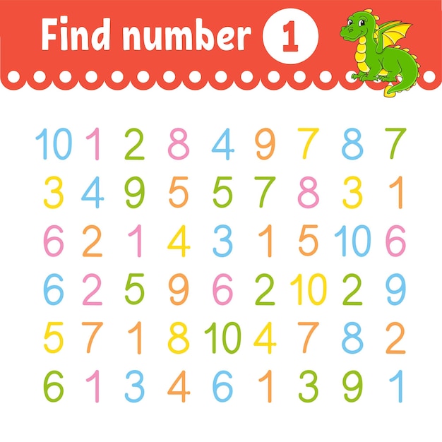 Find number Education developing worksheet Activity page with pictures Game for children Funny character cartoon style