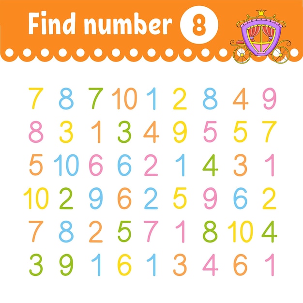 Find number Education developing worksheet Activity page with pictures Game for children Funny character cartoon style