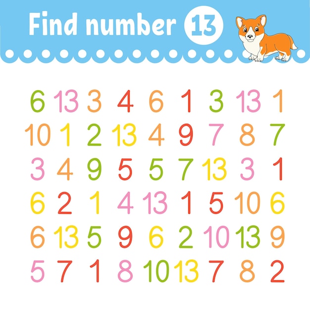 Find number Education developing worksheet Activity page with pictures Game for children Funny character cartoon style