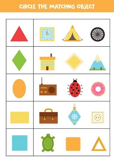 Find the object which matches with the shape. Learning geometrical shapes.