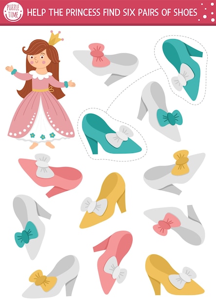 Find pairs of princess shoes Fairytale matching activity for children Magic kingdom educational quiz worksheet for kids for attention skills Simple printable game with cute Cinderella girlxA