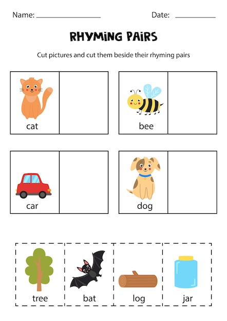 Find rhyming pairs Educational worksheet Cut and paste