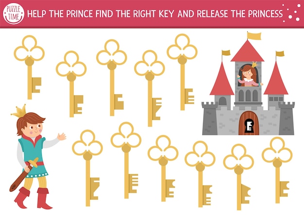 Find the right key to release princess Fairytale matching activity for children