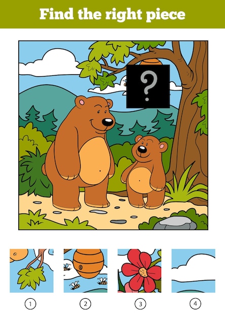 Find the right piece, jigsaw puzzle game for children. Bears and background