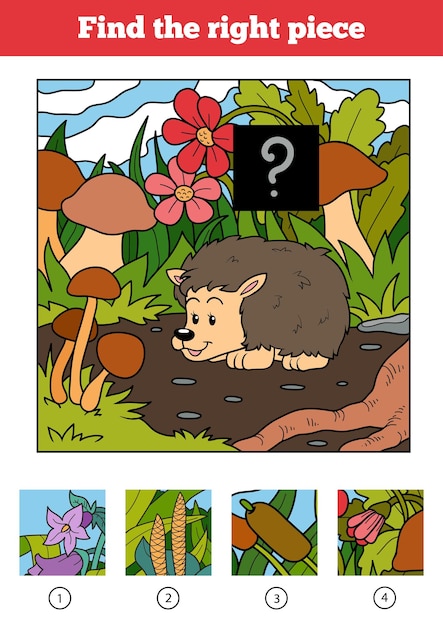 Find the right piece, jigsaw puzzle game for children. Hedgehog and background