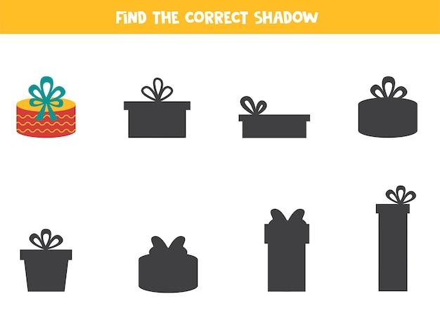 Find the right shadow of cute cartoon present Educational logical game for kids