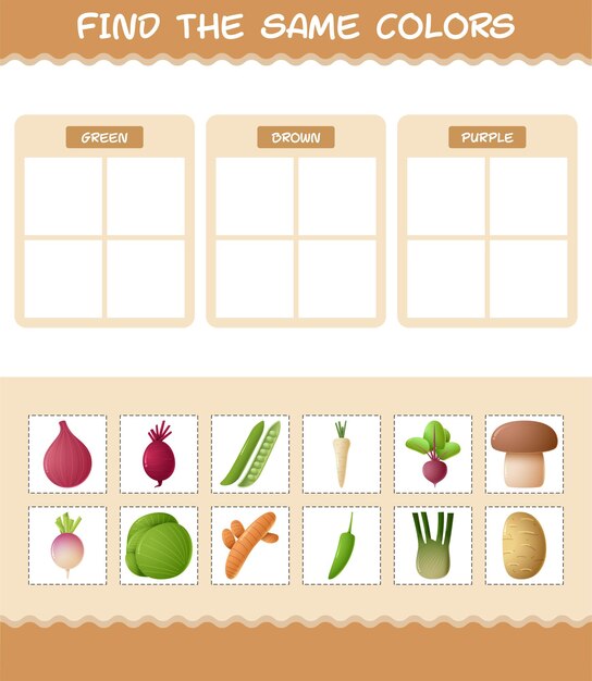 Find the same colors of vegetables. Searching and Matching game. Educational game for pre shool years kids and toddlers