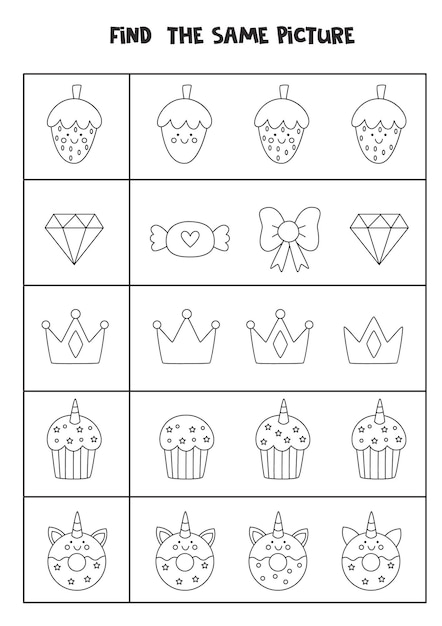 Find the same picture of black and white cute kawaii pictures. Educational worksheet for kids.