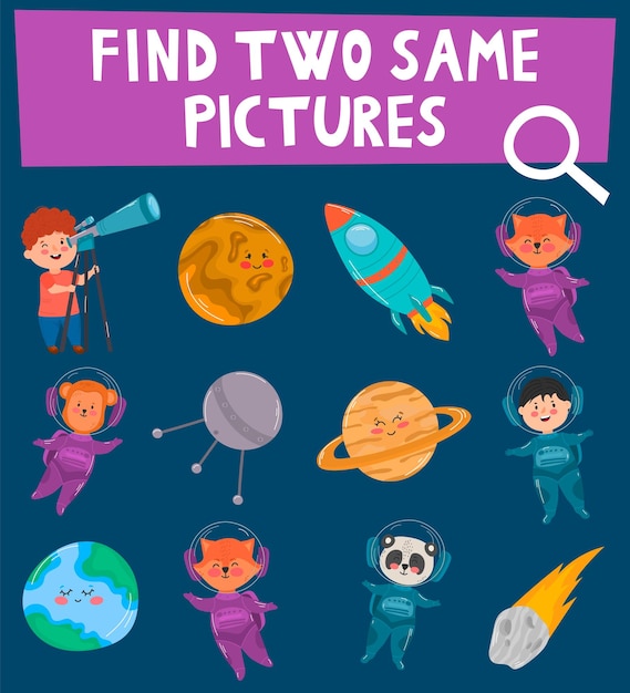 Find  same pictures educational game for children vector illustrations for children books space