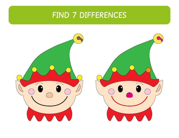 Find seven differences between Christmas elves. Worksheet for kids. Educational game por preschool