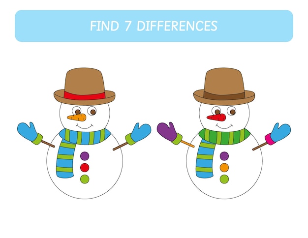 Find seven differences between snowmen. Winter worksheet for kids. Educational game por preschool