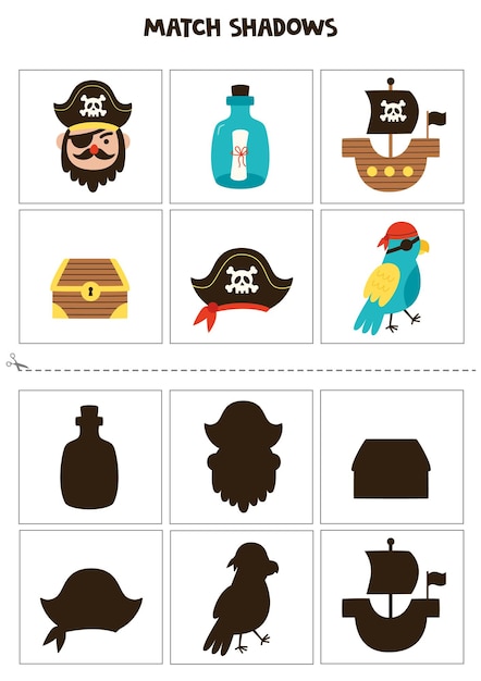 Find shadows of cartoon pirate elements Cards for kids