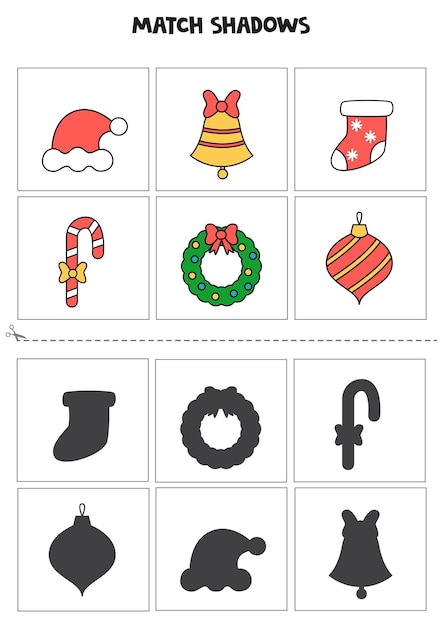 Find shadows of cute Christmas elements. Cards for kids.