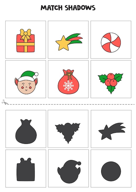 Find shadows of cute Christmas elements. Cards for kids.