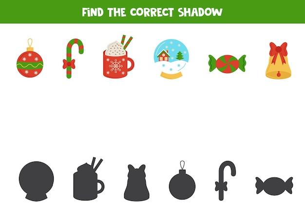 Find shadows of cute Christmas pictures Educational logical game for kids