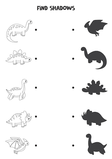 Find shadows of cute dinosaurs. Black and white worksheet. Educational logical game for kids.