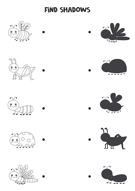 Find shadows of cute insects. Black and white worksheet. Educational logical game for kids.