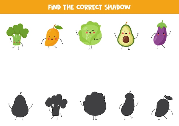 Find shadows of cute kawaii vegetables Educational logical game for kids