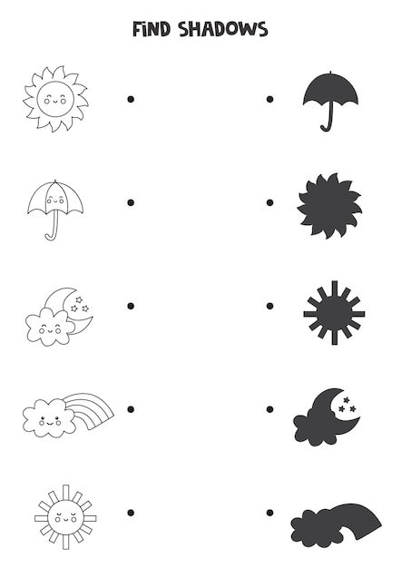 Find shadows of cute weather events. Black and white worksheet. Educational logical game for kids.