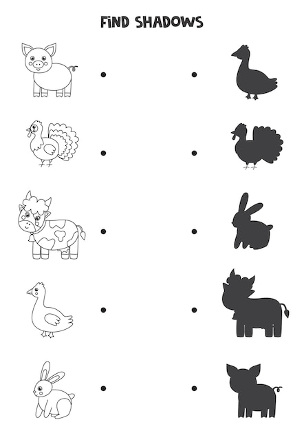 Find shadows of farm animals. Black and white worksheet. Educational logical game for kids.