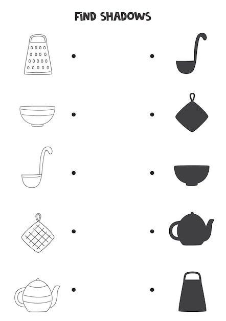 Find shadows of kitchen tools. Black and white worksheet. Educational logical game for kids.