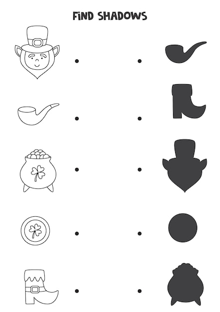 Find shadows of Saint Patrick day elements Black and white worksheet Educational logical game