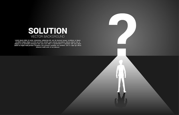 Find the solution concept. Silhouette of businessman running to question mark icon with lighting