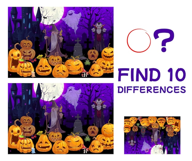 Find ten differences game with Halloween pumpkins