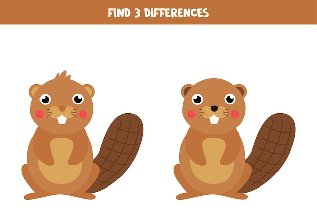 Find three differences between two cartoon beavers.