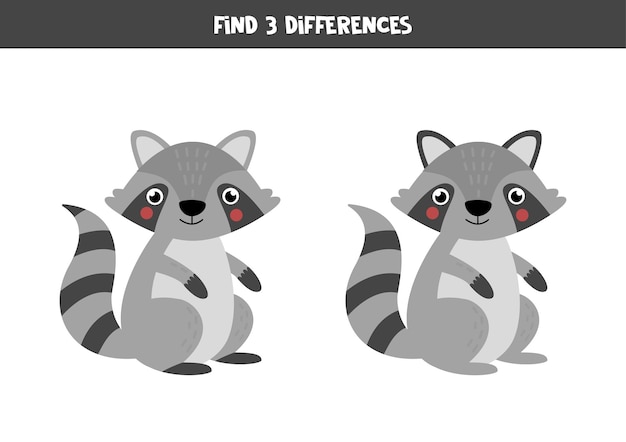 Find three differences between two cartoon raccoons.