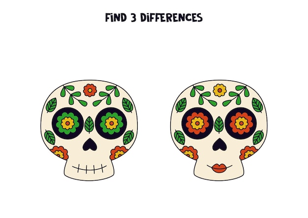 Find three differences between two colrorful skulls