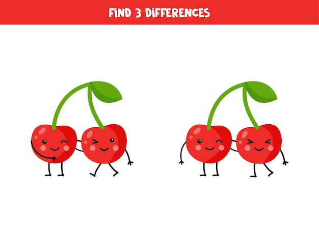 Find three differences between two pictures of cute kawaii cherries