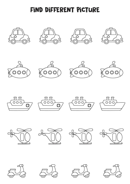 Find transport which is different from others. Black and white worksheet for kids.